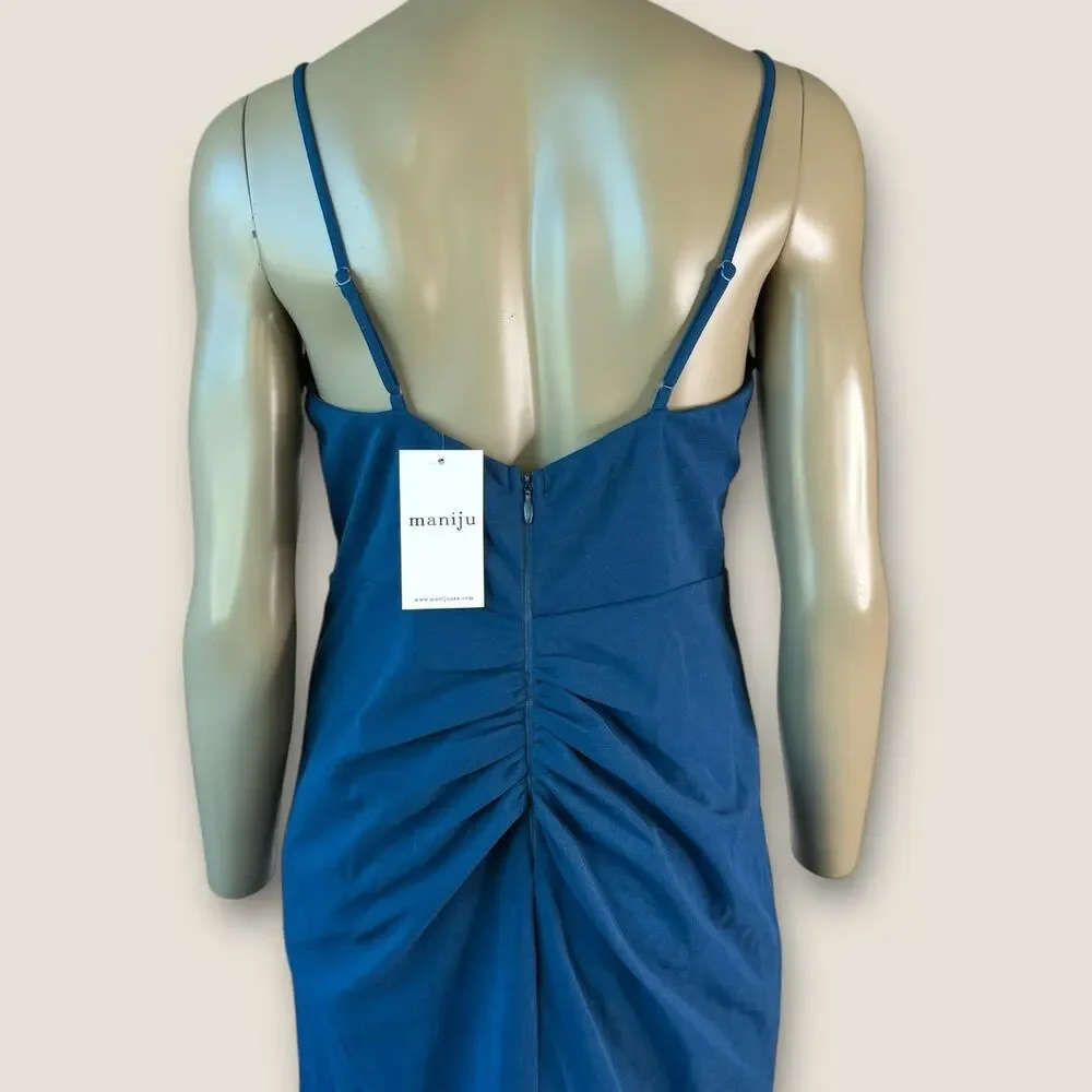 Maniju Long Gown Formal Dress Womens L Teal Spaghetti Straps Side Slit NWT - Picture 8 of 14